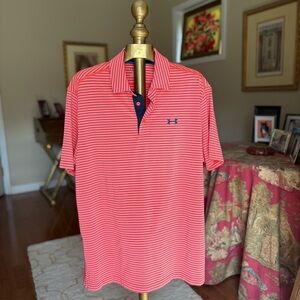 LG Men's Striped Polo Shirt - Coral and Navy